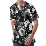Black White Rose Floral Pattern Print Men's Velvet T-Shirt