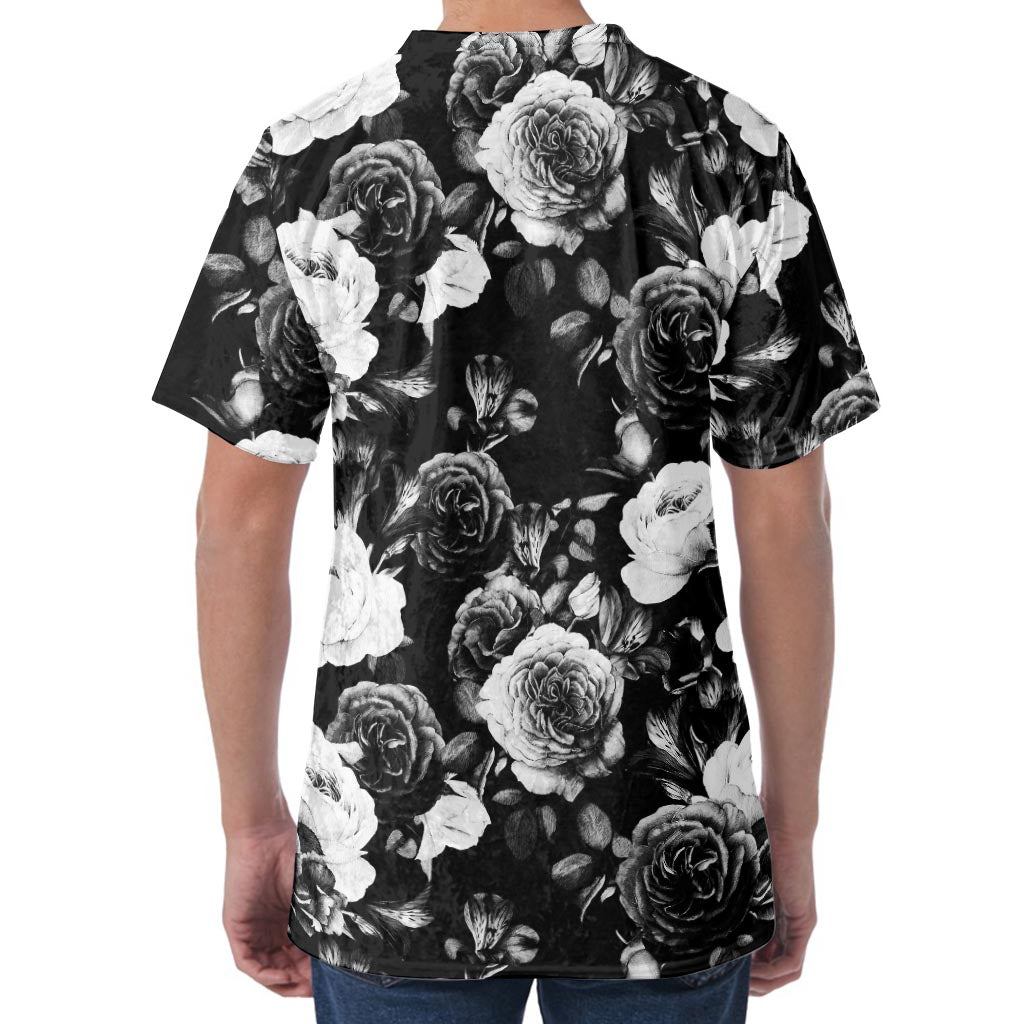 Black White Rose Floral Pattern Print Men's Velvet T-Shirt