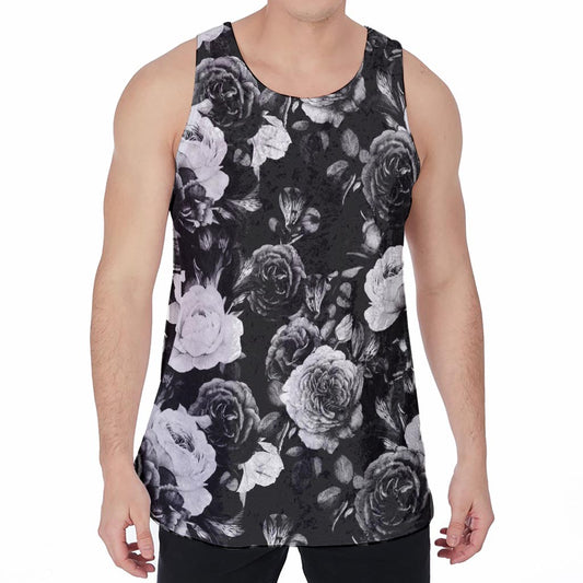 Black White Rose Floral Pattern Print Men's Velvet Tank Top