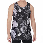 Black White Rose Floral Pattern Print Men's Velvet Tank Top
