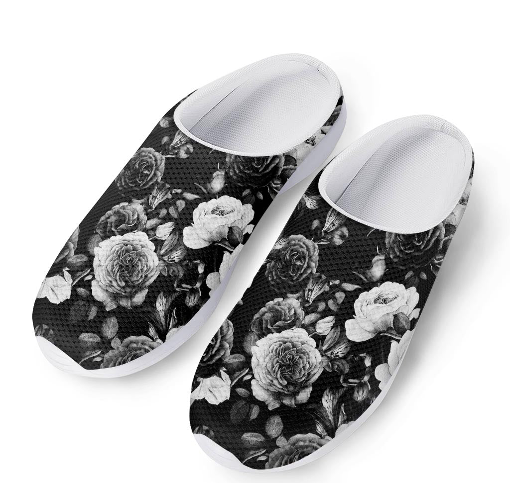 Black White Rose Floral Pattern Print Mesh Casual Shoes