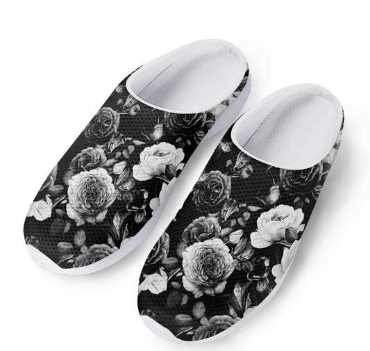Black White Rose Floral Pattern Print Mesh Casual Shoes