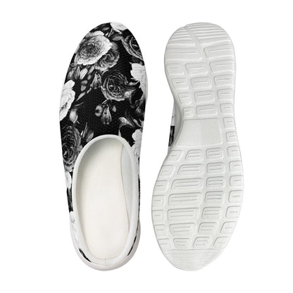 Black White Rose Floral Pattern Print Mesh Casual Shoes
