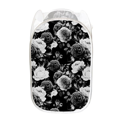 Black White Rose Floral Pattern Print Mesh Laundry Hamper