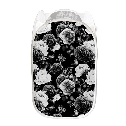 Black White Rose Floral Pattern Print Mesh Laundry Hamper