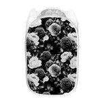 Black White Rose Floral Pattern Print Mesh Laundry Hamper