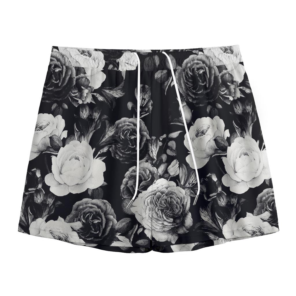 Black White Rose Floral Pattern Print Mesh Shorts