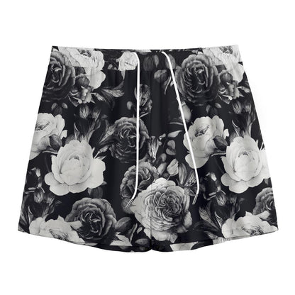 Black White Rose Floral Pattern Print Mesh Shorts