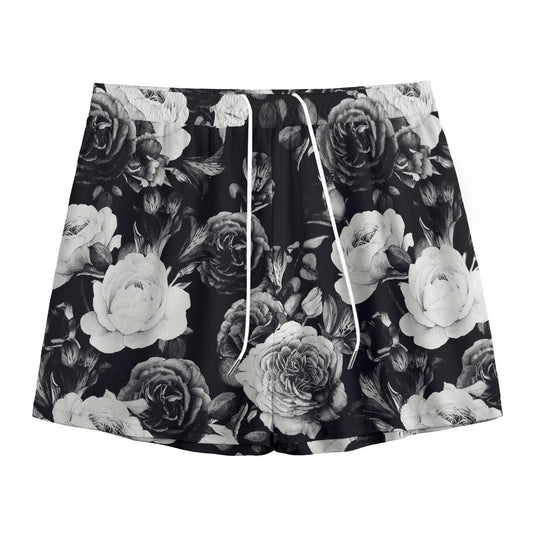 Black White Rose Floral Pattern Print Mesh Shorts