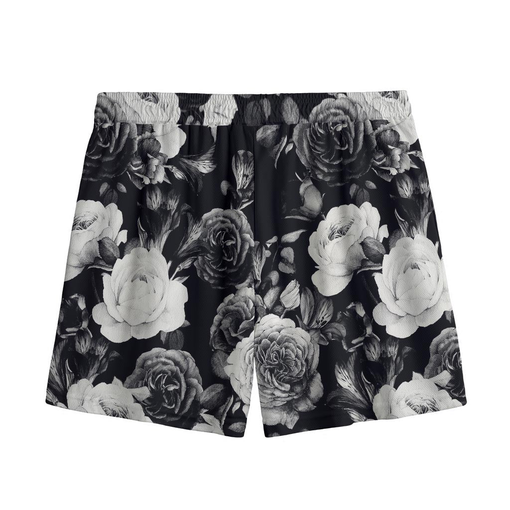 Black White Rose Floral Pattern Print Mesh Shorts
