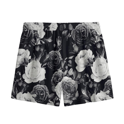 Black White Rose Floral Pattern Print Mesh Shorts