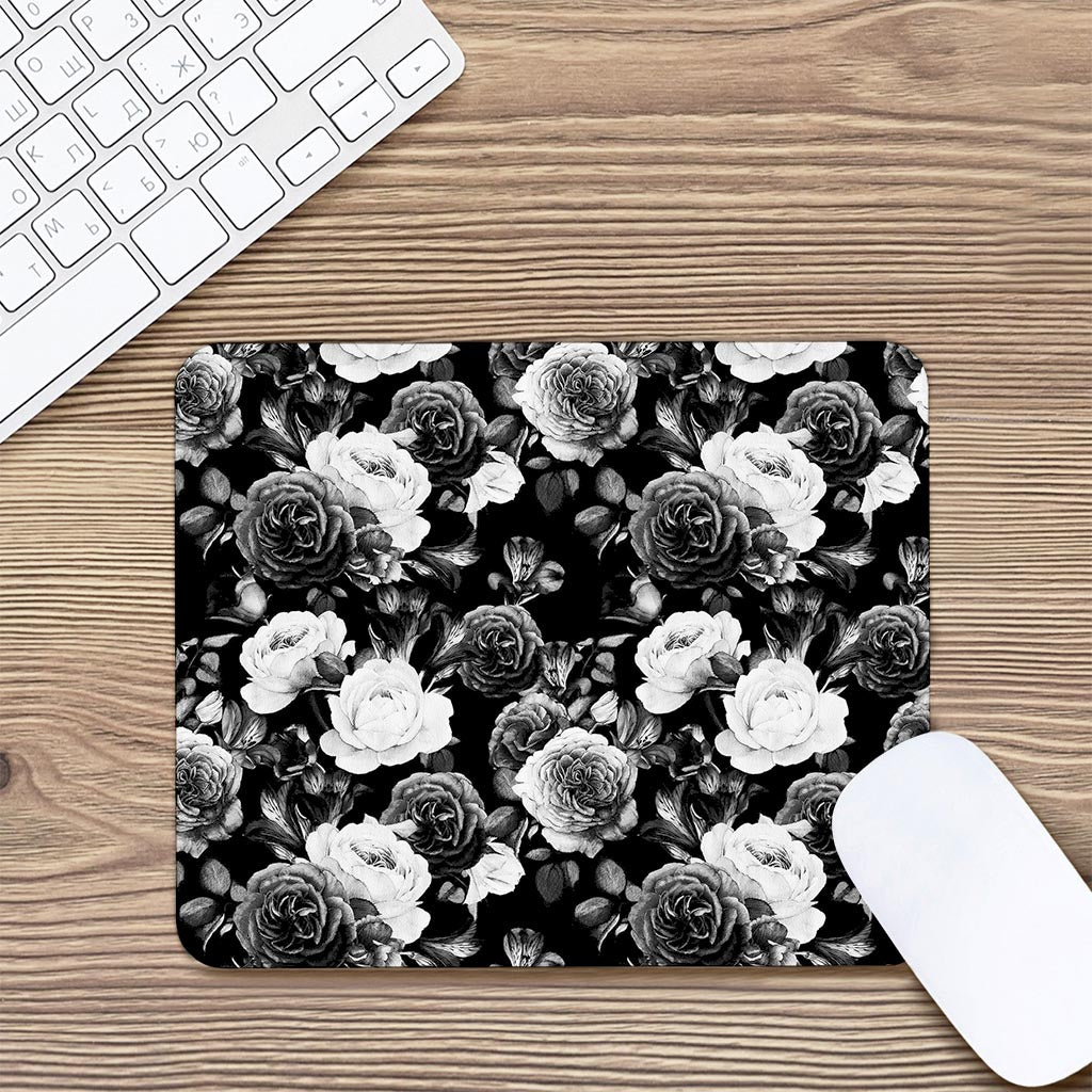 Black White Rose Floral Pattern Print Mouse Pad