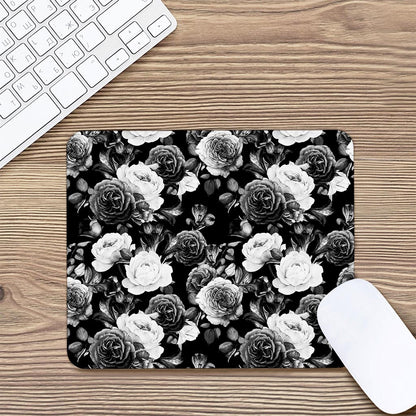 Black White Rose Floral Pattern Print Mouse Pad