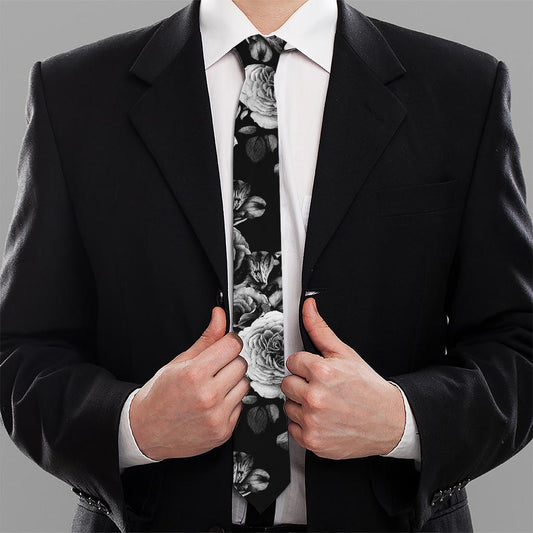 Black White Rose Floral Pattern Print Necktie