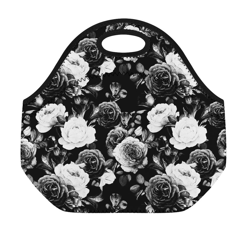Black White Rose Floral Pattern Print Neoprene Lunch Bag