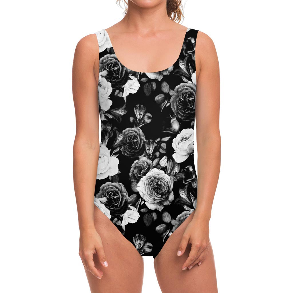 Black White Rose Floral Pattern Print One Piece Swimsuit