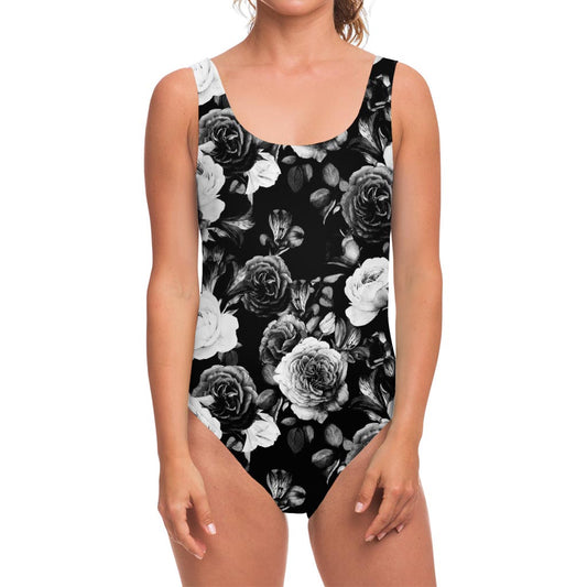 Black White Rose Floral Pattern Print One Piece Swimsuit