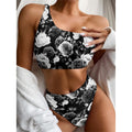 Black White Rose Floral Pattern Print One Shoulder Bikini Set