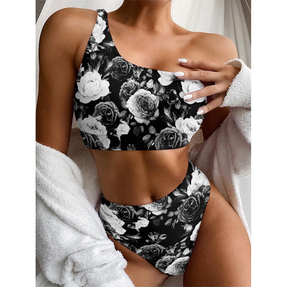 Black White Rose Floral Pattern Print One Shoulder Bikini Top