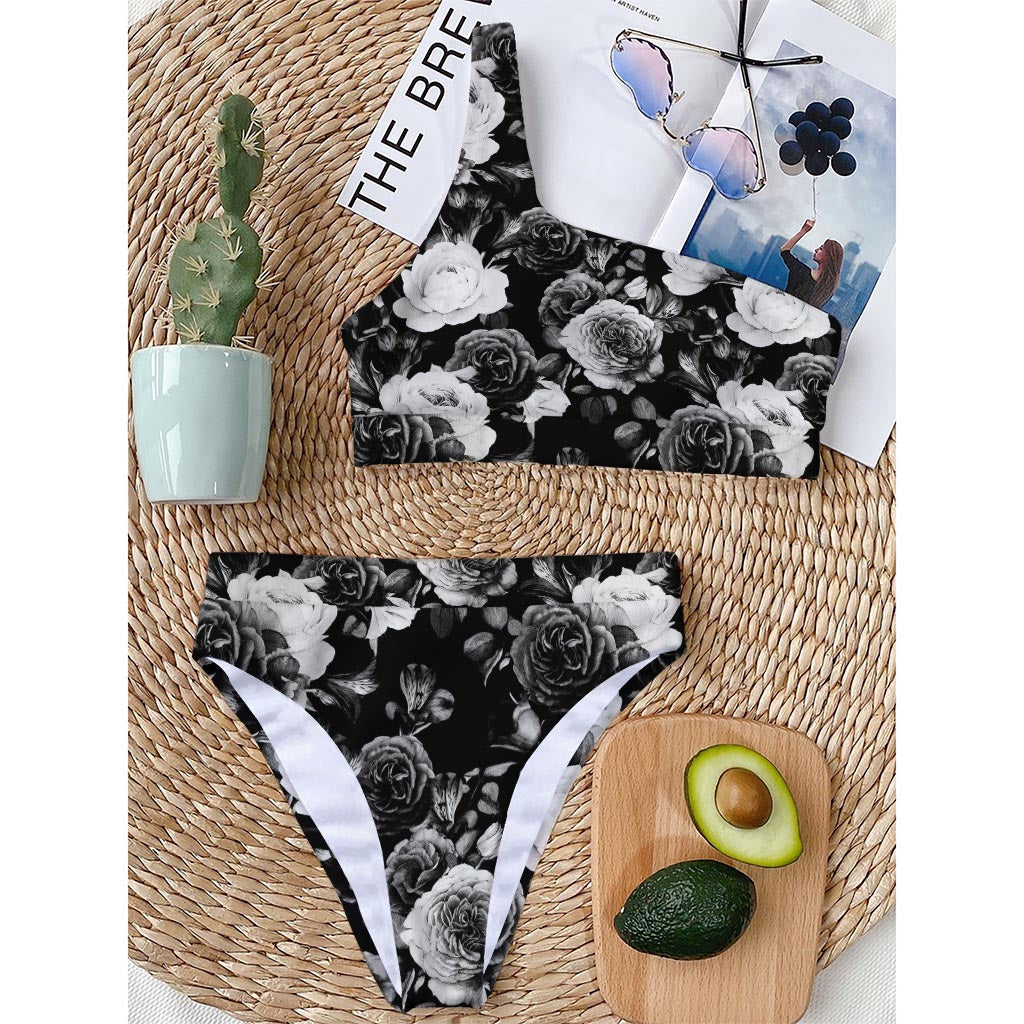 Black White Rose Floral Pattern Print One Shoulder Bikini Top