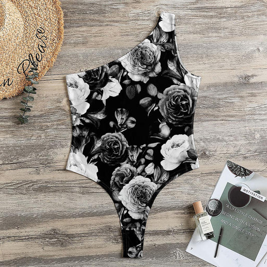 Black White Rose Floral Pattern Print One Shoulder Bodysuit