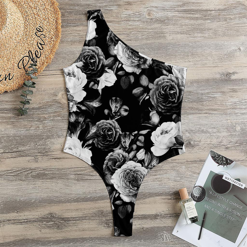 Black White Rose Floral Pattern Print One Shoulder Bodysuit