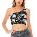 Black White Rose Floral Pattern Print One Shoulder Crop Top
