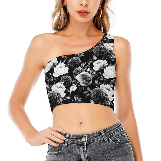 Black White Rose Floral Pattern Print One Shoulder Crop Top