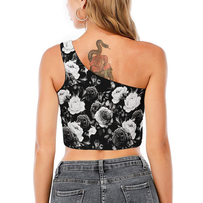 Black White Rose Floral Pattern Print One Shoulder Crop Top