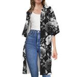 Black White Rose Floral Pattern Print Open Front Beach Cover Up