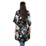 Black White Rose Floral Pattern Print Open Front Beach Cover Up