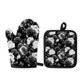 Black White Rose Floral Pattern Print Oven Mitt And Pot Holder Set