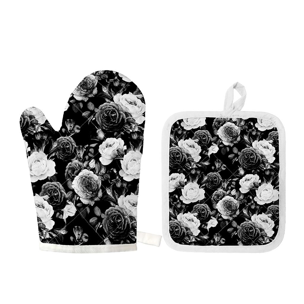 Black White Rose Floral Pattern Print Oven Mitt And Pot Holder Set