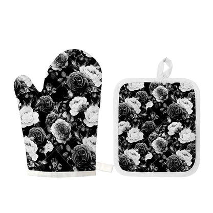 Black White Rose Floral Pattern Print Oven Mitt And Pot Holder Set