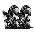 Black White Rose Floral Pattern Print Oven Mitts