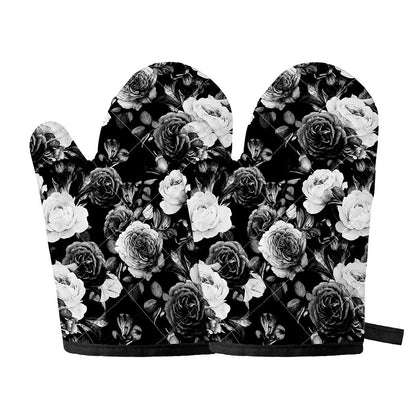 Black White Rose Floral Pattern Print Oven Mitts