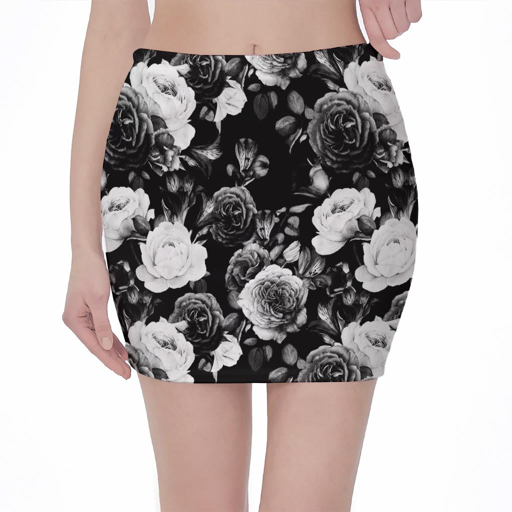 Black White Rose Floral Pattern Print Pencil Mini Skirt