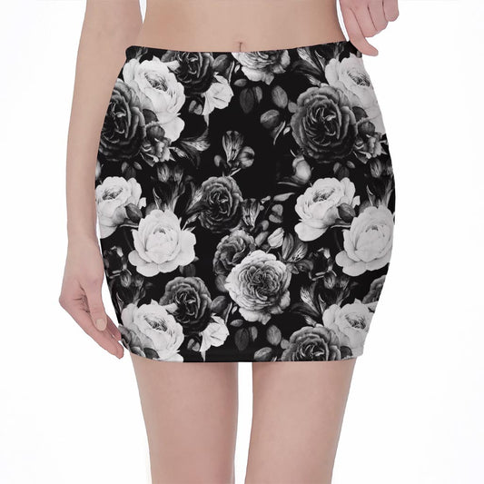 Black White Rose Floral Pattern Print Pencil Mini Skirt