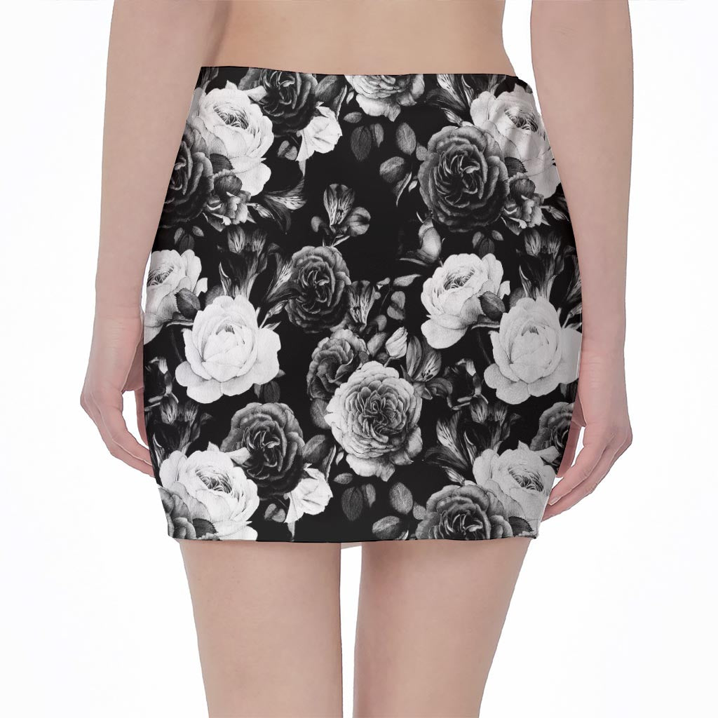 Black White Rose Floral Pattern Print Pencil Mini Skirt