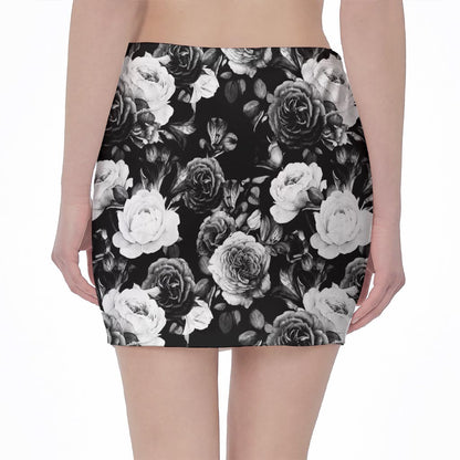 Black White Rose Floral Pattern Print Pencil Mini Skirt
