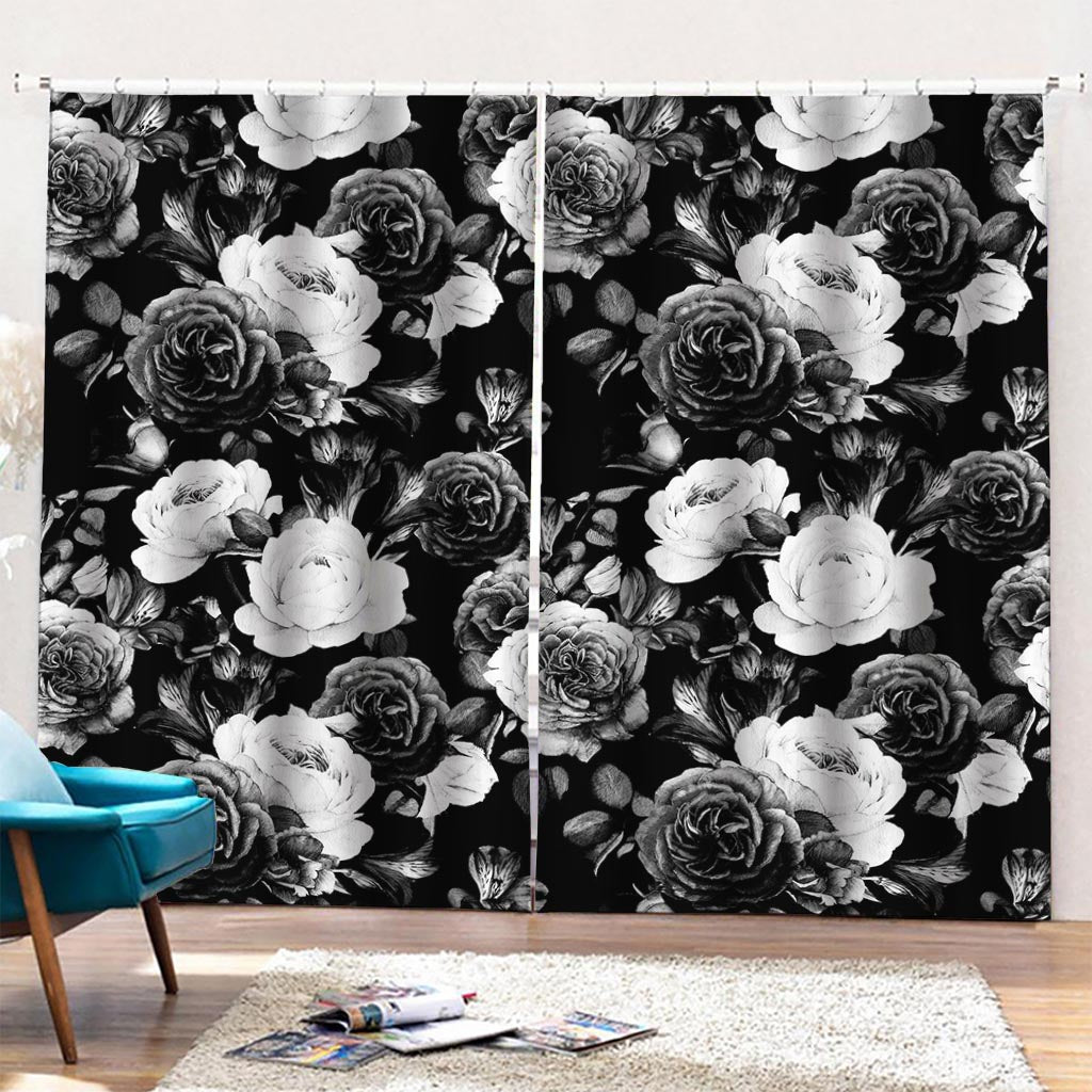 Black White Rose Floral Pattern Print Pencil Pleat Curtains