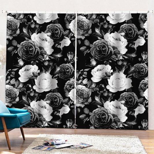 Black White Rose Floral Pattern Print Pencil Pleat Curtains
