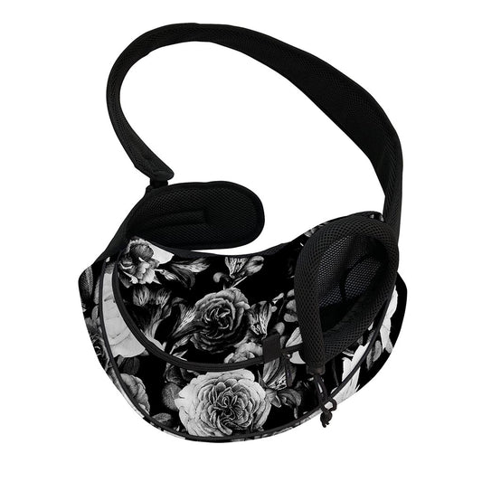 Black White Rose Floral Pattern Print Pet Sling Carrier