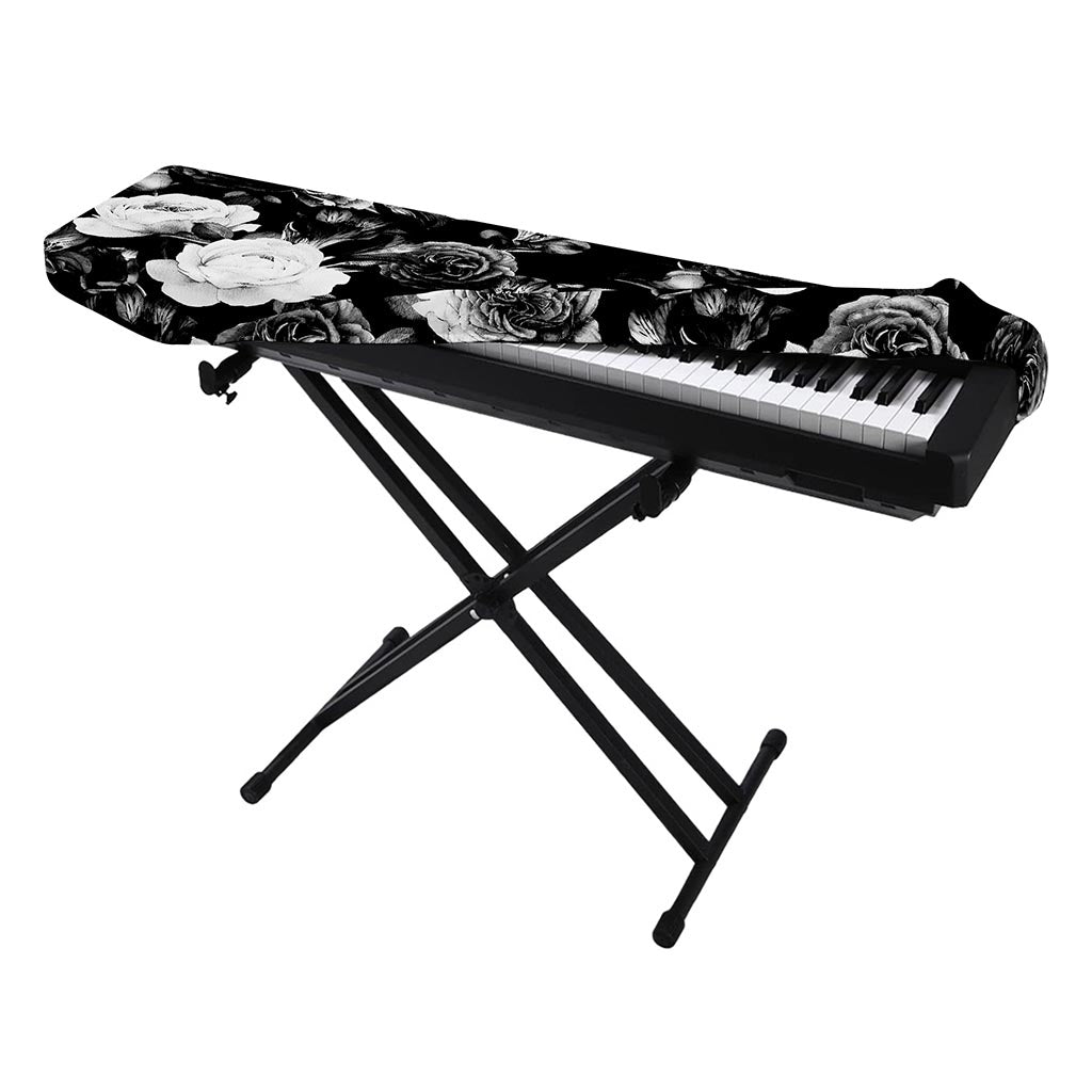 Black White Rose Floral Pattern Print Piano Keyboard Cover
