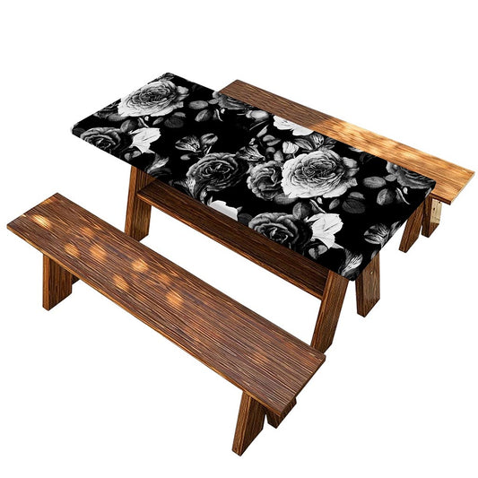Black White Rose Floral Pattern Print Picnic Table Cover