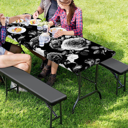 Black White Rose Floral Pattern Print Picnic Table Cover
