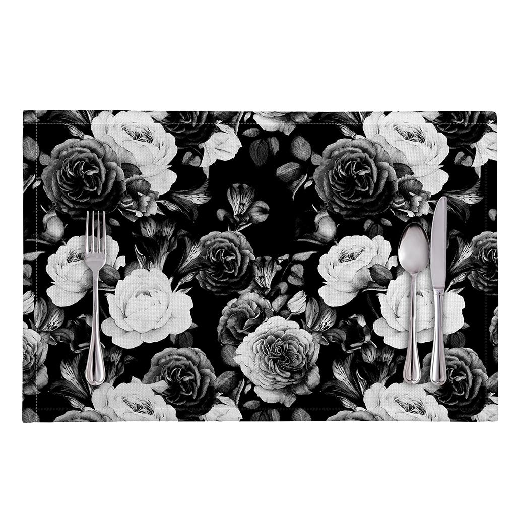 Black White Rose Floral Pattern Print Placemat