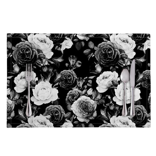 Black White Rose Floral Pattern Print Placemat