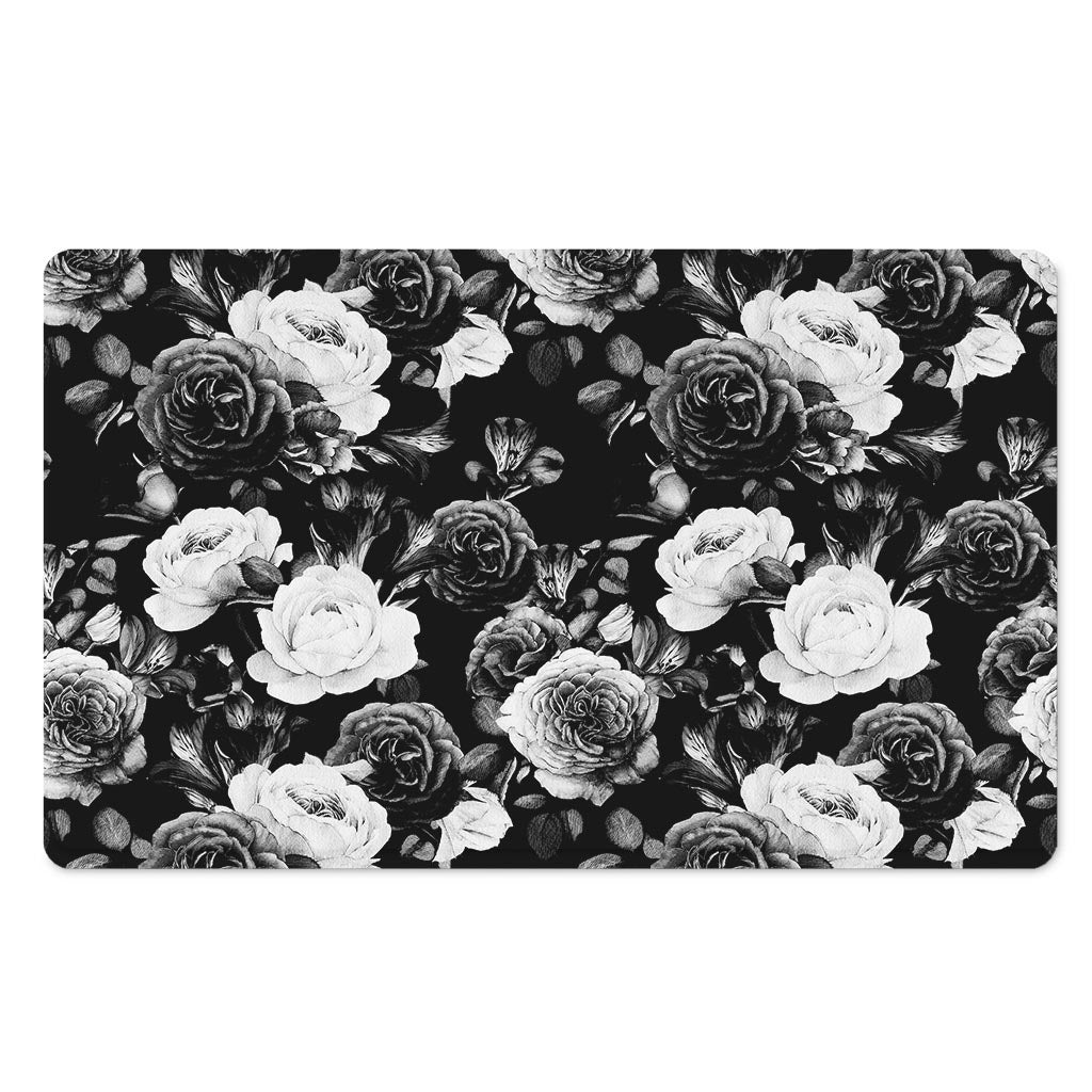 Black White Rose Floral Pattern Print Polyester Doormat