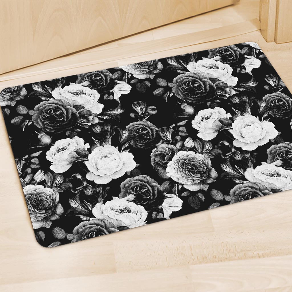 Black White Rose Floral Pattern Print Polyester Doormat
